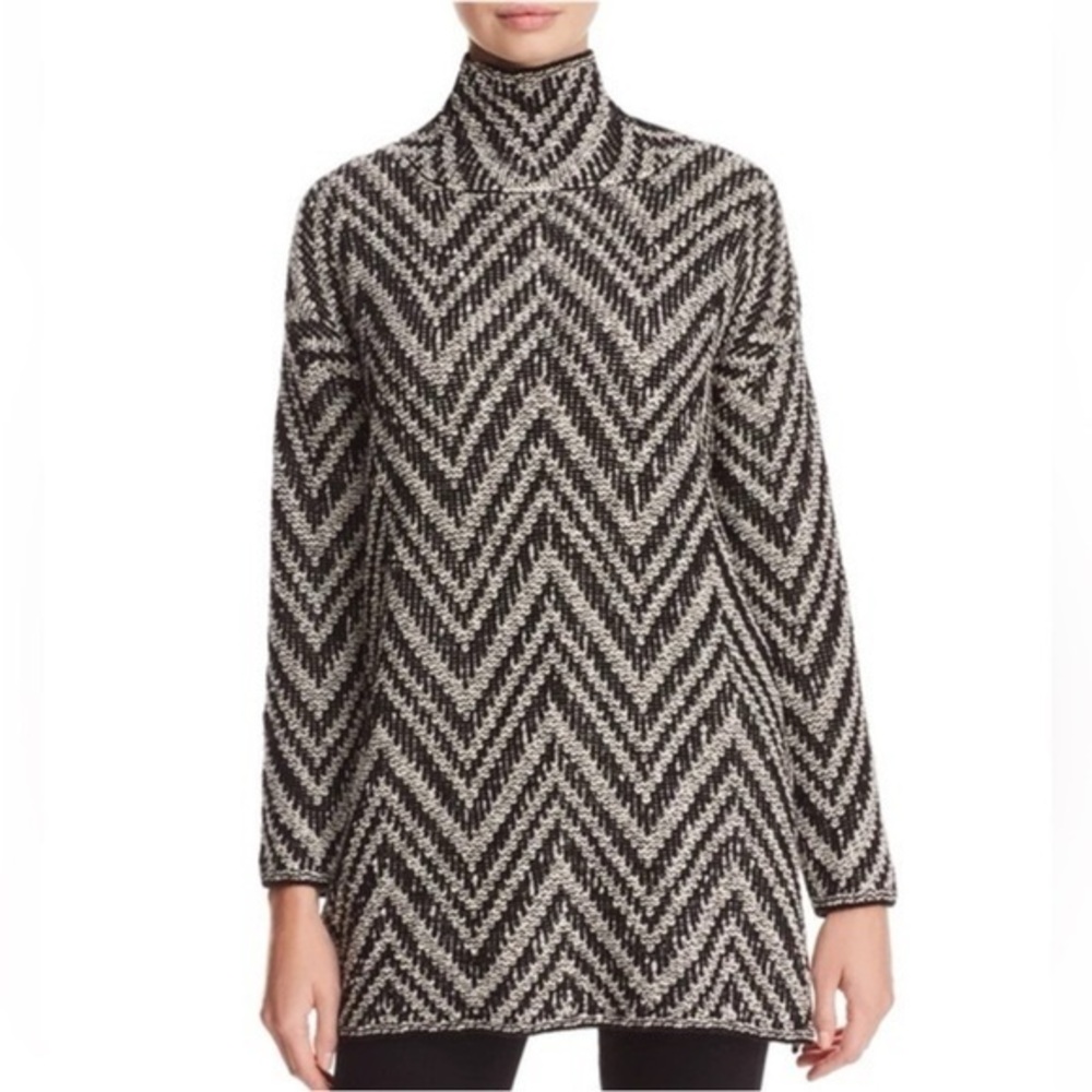 Eileen Fisher Elegant Black and Cream Chevron Turtleneck Sweater